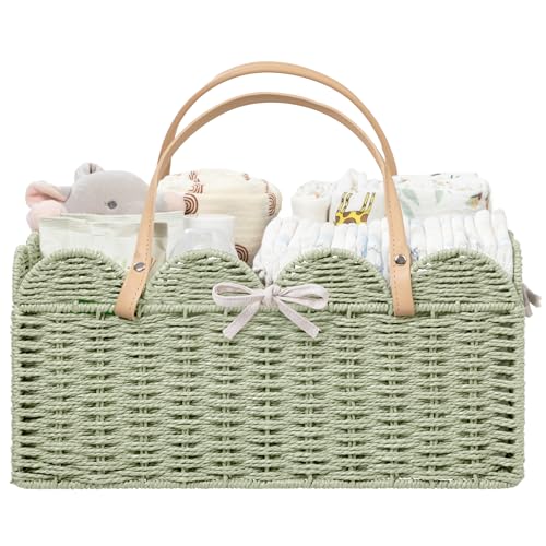 Image of HBlife Large Baby Diaper Caddy, Paper Rope Scalloped Storage Baskets Nursery Bin with Removable Divider, Portable Car Organizer for Diapers, Baby Shower Gifts, Newborn Essentials Must Haves, Green