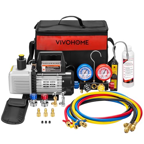 VIVOHOME Upgraded 5CFM 1/3 HP 1-Stage HVAC Vacuum Pump and 4 Way AC Manifold Gauge Set with Leak Detector 5ft Hoses for R134a R12 R22 R502 R410a, Mini Split & Car Air Conditioner Maintenance