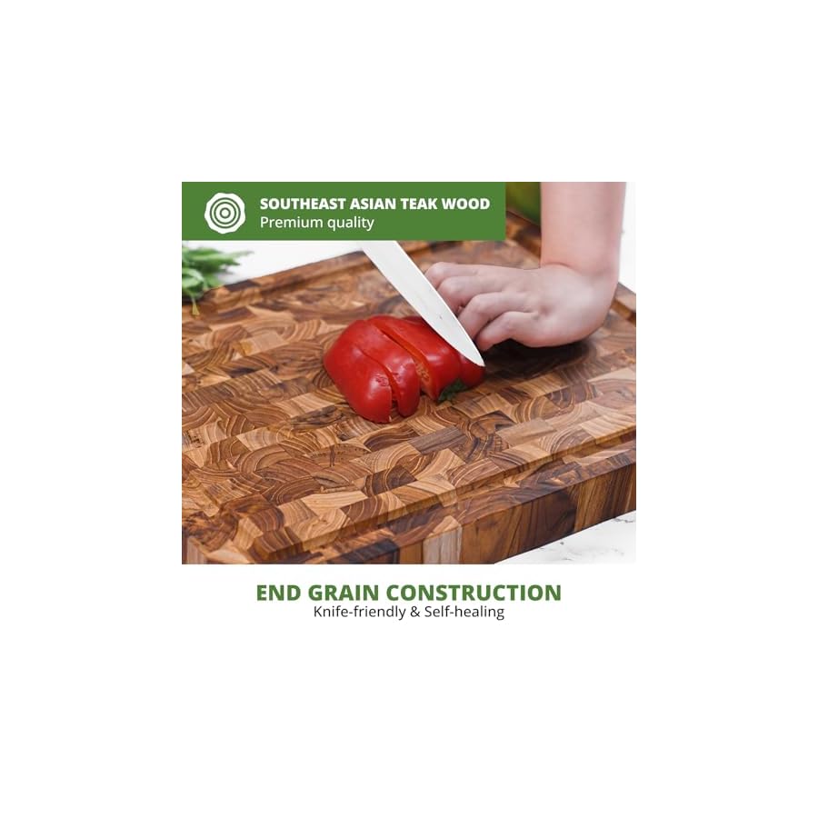 BEEFURNI-Teak-Wood-End-Grain-Cutting-Board-Wooden-Cutting-Boards-for-Kitchen-with-Juice-Groove-Hand-Grip-Small-Gifts-for-Her-1-Year-Manufacturer-Warranty-S16-L-x-12-W-x-15-T-inches BEEFURNI Teak Wood End Grain Cutting Board (S, 16x12x1.5"), Wooden Cutting Boards for Kitchen with Juice Groove Hand Grip Small, Christmas Gifts, 1-Year Manufacturer Warranty