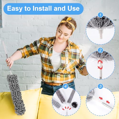 Image of Duster for Cleaning 5-in-1 Kit, 100 Inches Duster with Extension Pole, Extendable Duster, Microfiber Feather Duster, Cobweb Dusters for High Ceilings, Furniture, Blinds, Wall- Grey