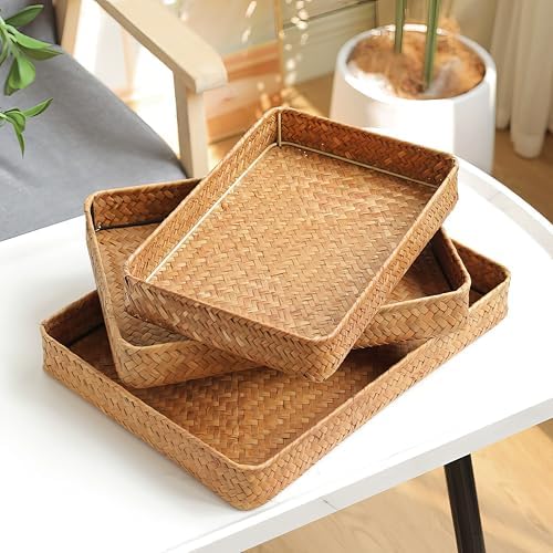 Hasır rattan bambu Dikdörtgen Düz Tepsi Organizer & Çok Amaçlı Mutfak, Makyaj ve Banyo Düzenleyici - Görsel 2