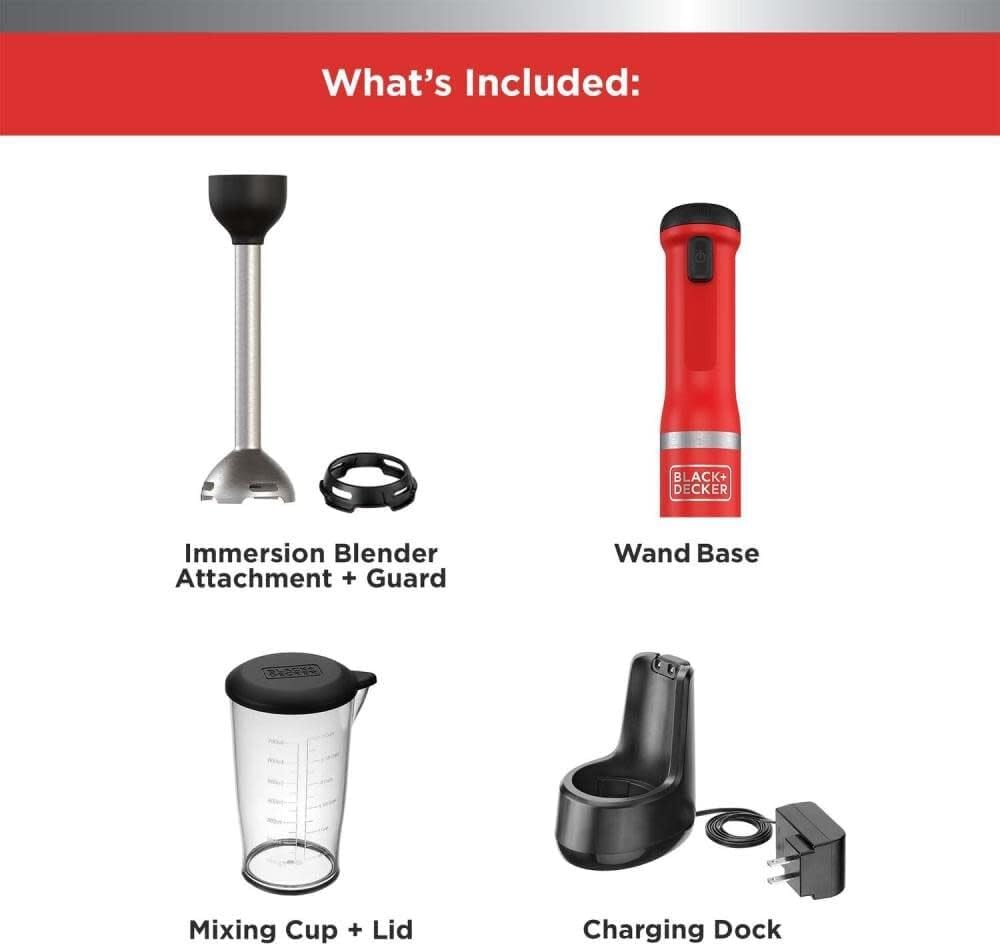 BLACK+DECKER Kitchen Wand Cordless Immersion Blender, Hand Blender with Charging Dock, Red (BCKM1011K06)