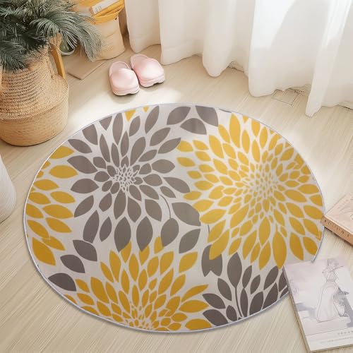 Tapis rond salon 120cm abstrait et lavable jaune - 3