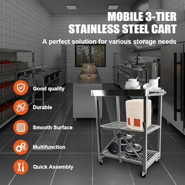 Yeeoy Stainless Steel Cart with Wheels, 3 Tier Foldable Rolling Service Cart, Stainless Steel Food Prep Table Kitchen Island for Restaurant, Dining Room, Hotel, Sliver-NNCnY6uA