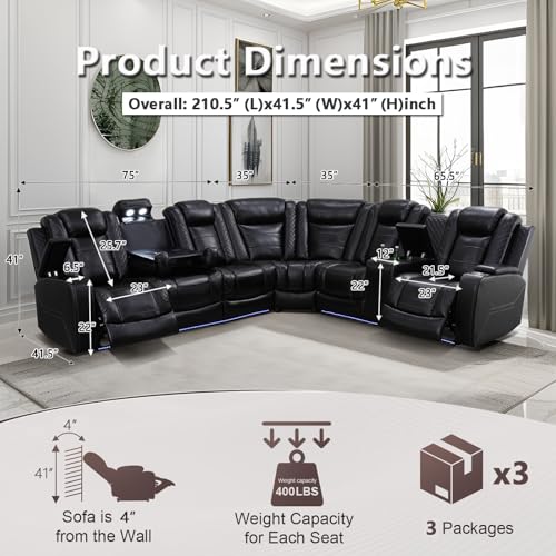 Image of Power Recliner Sectional Sofa with LED Light for Living Room, Black Leather Reclining Sofa Corner Sectional Couches Set, Cup Holder, Storage Console for Home Theater Seating