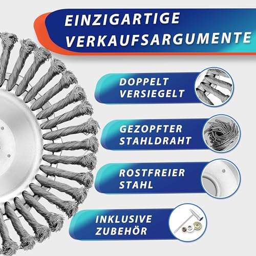 WEGLUST 38 Stahl-BÜRSTEN Unkrautbürste Unkrauttrimmer Wildkrautbürste Motorsense Freischneider Rundbürste für Motorsense - 200x25,4mm Drahtbürste mit Kegelform entfernt mühelos Unkraut und Moos
