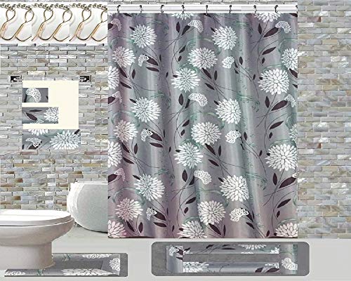 BH Home & Linen 18 Piece Premium Shower Curtain Sets, with Geometric, and Floral Designs Made of 100% Polyester. (Dove Gray)