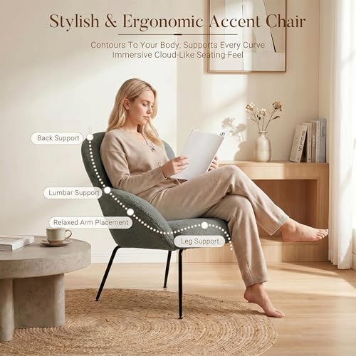 Image of Accent Chairs Set of 2 for Living Room, Boucle Fabric, Sage Green | Modern Accent Chair with Cloud Backrest, Soft Textured Boucle Fabric, Small Reading Chair for Sunroom, Reception Area