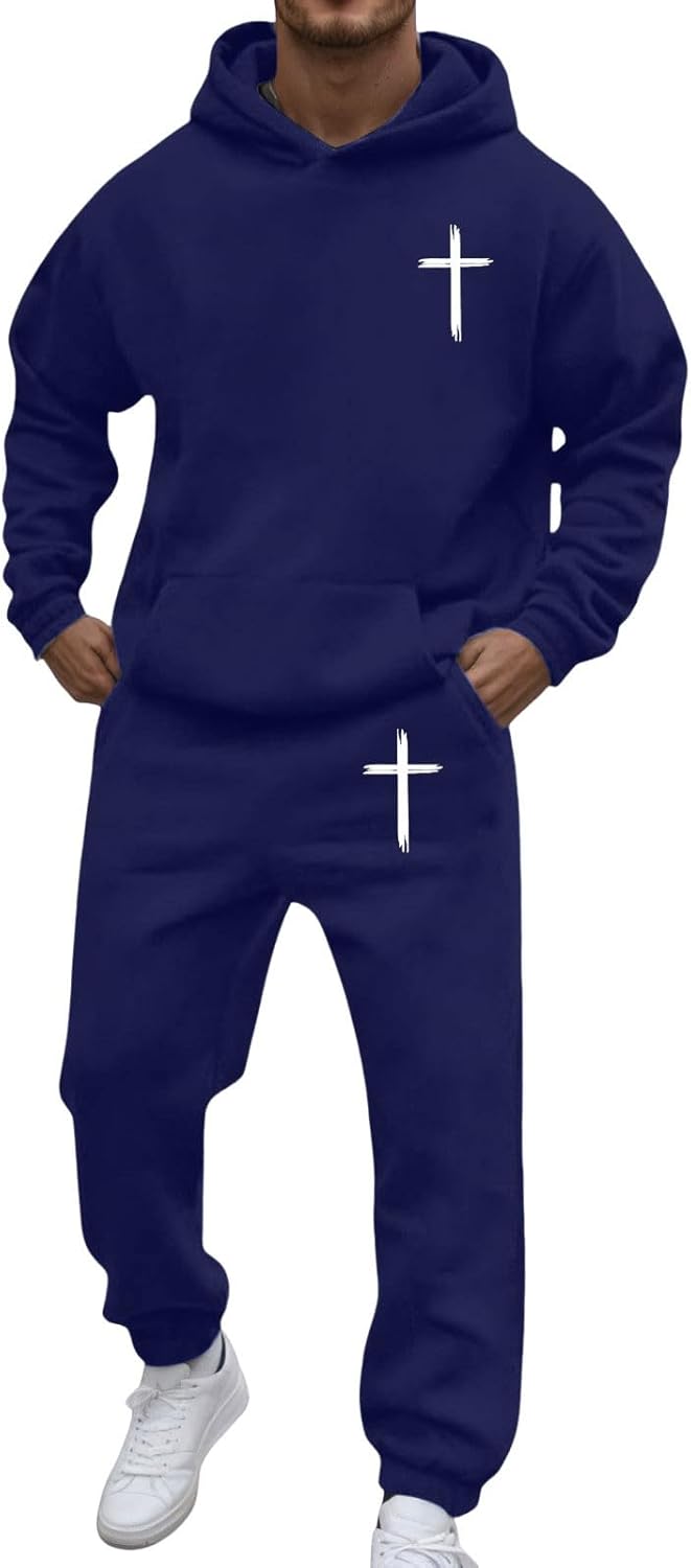 Men's Tracksuit 2 Piece God Loves You Christian Faith Hoodies Sweatshirts and Jogging Sweatsuits Sets Gym Sweat Suits Navy XL