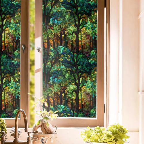 Vinilo decorativo para ventana efecto vitral verde y marrón miniatura 1