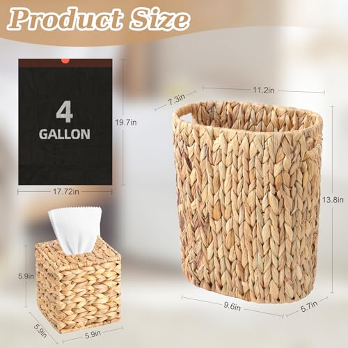 Image of BSSN 4 Gallon Wicker Trash Can Handwoven Bathroom Trash Can,Square Water Hyacinth Tissue Box Cover, Narrow Small Waste Basket,Black 150 Count 5 Gallon Trash Bags Rustic Decor Set for Bedroom & Office