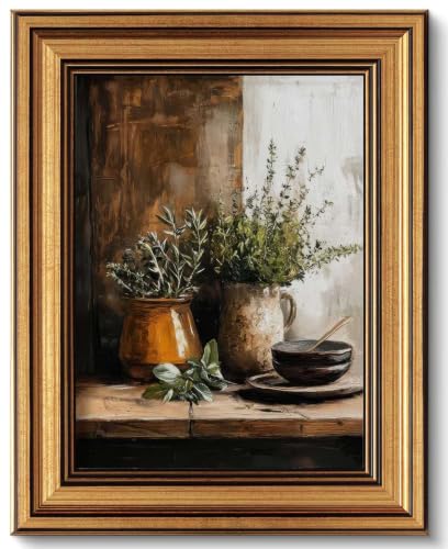 Vintage Gold Framed Canvas Wall Art Rustic Still Life Kitchen Farmhouse Picture Wall Decor Vintage Jars Culinary Herbs Oil Painting Print Art for Living Room Kitchen Bedroom Home Decoration 12x16in
