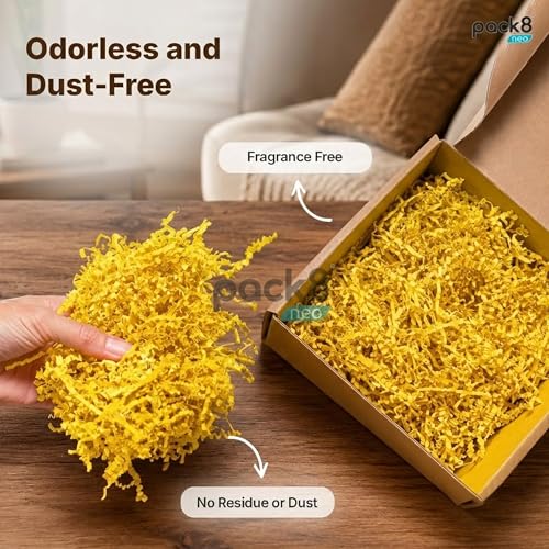 Image of Pack8neo Shredded Paper Grass Cutting For Giftpacking Fill for Gift Baskets and Boxes (1000g)| Eco-friendly grass paper, Crinkle Cut, Gift Packaging Protection & Decoration Material, Yellow, 1kg