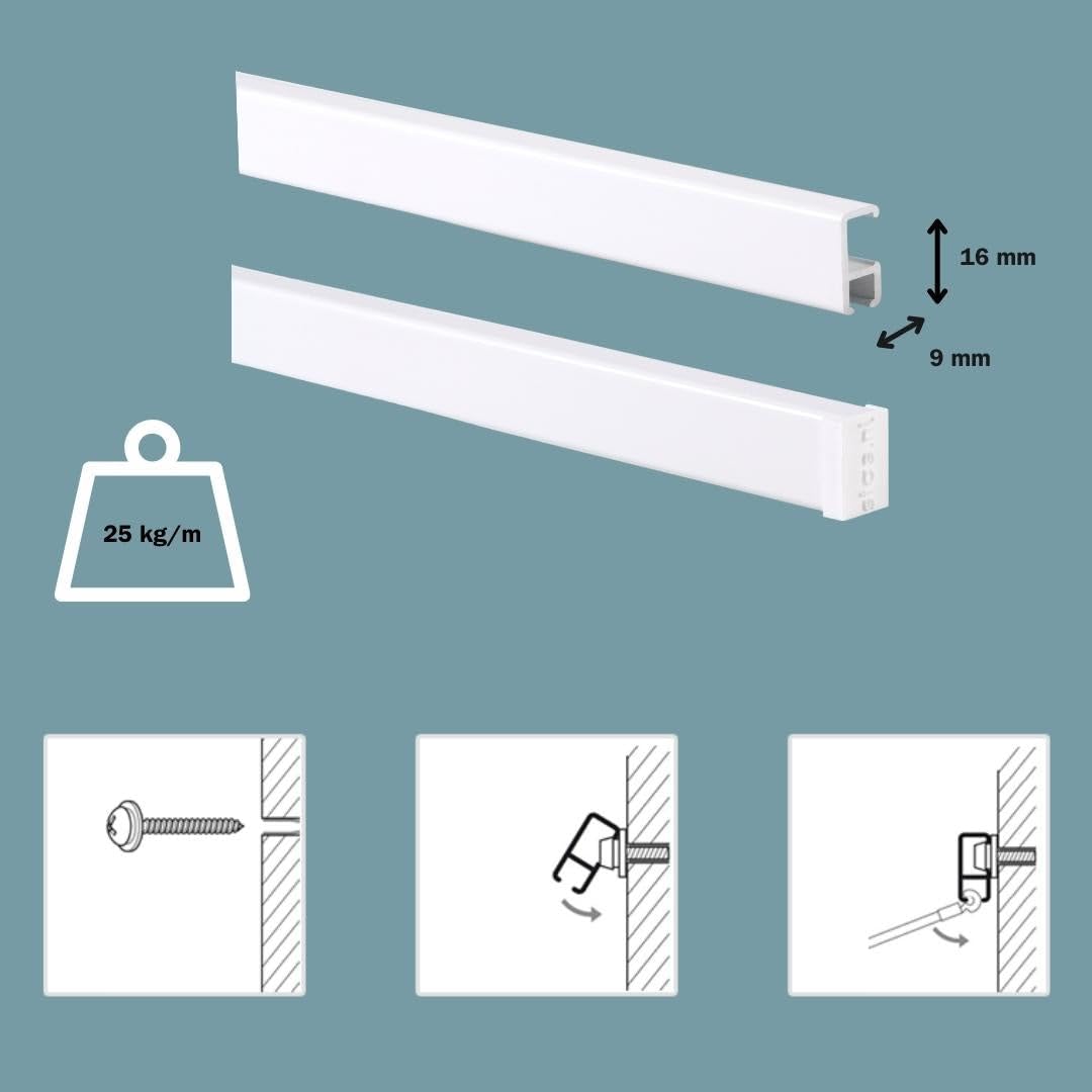 Binari per appendere quadri, Alluminio / 200cm (2x 100cm) STAS Minirail - Sistema per appendere quadri, Set completo con ganci e corde
