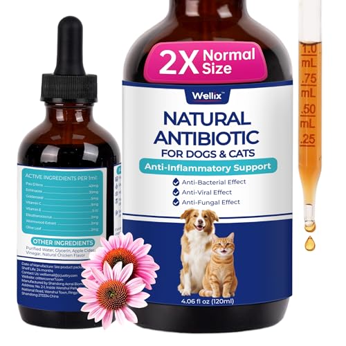 Wellix 120ml Natural Antibiotics for Cats&Dogs - Natural Herbal Supplement for Wound Care, UTI, Sneezing Treatment & Cold Relief - Cat Antibiotics Chicken Flavor for All Ages & Breeds