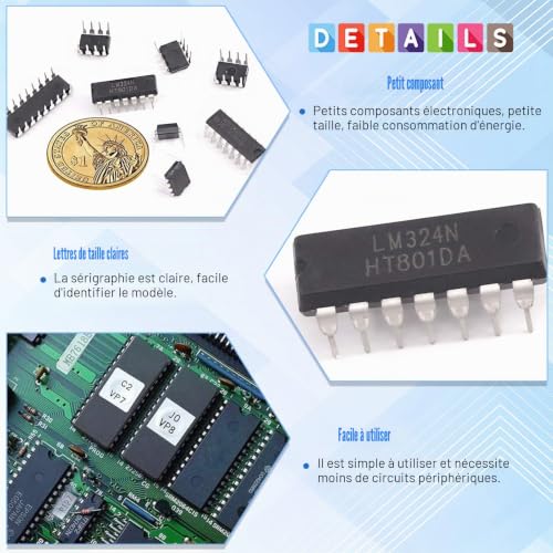 Glarks Lot de 50 puces IC 10 types de circuits intégrés opamp, minuterie de précision unique, PWM, y compris LM324 LM358 LM386 LM393 UA741 NE5532 NE55 PC817 ULN2003 ULN2803 – vue 4