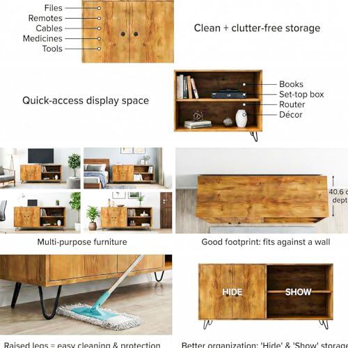 Image of FFO Wood Sideboard Cabinet | Wooden Living Room Storage Cabinet with Drawers, Side Cabinet for Bedroom, Modern Wood Finish, 2 Door Cupboard with Metal Legs Wooden - DIY