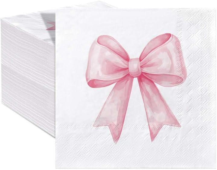 40 Pcs Pink Bow Napkins - Cute Disposable Coquette Party Napkins For Girls Birthday, Baby Shower & Pink Bow Themed Celebrations
