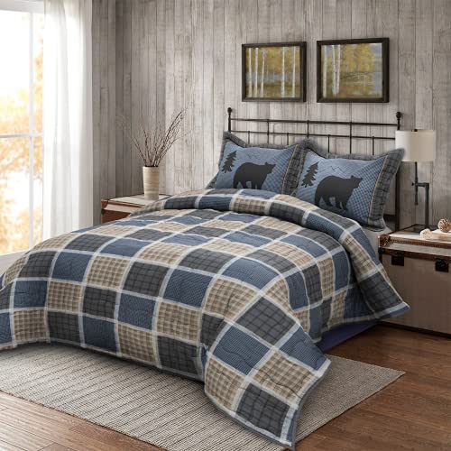 Visi-One Bear Square Rustic Cabin Bedding, Outdoor Log Themed Quilt Set, Premium Fabric,1 Quilt And 2 Shams For Bedroom, Wildlife Pattern Plaid Bears Quilts (King Size), Multicolor #TOP17