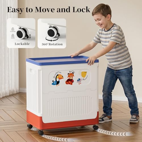 Image of HAIXIN HOME 60L Cute Laundry Hamper, Slim Rolling Laundry Hamper with Lid, Dirty Clothes Hamper Cart with Handle for Bedroom, Bathroom, Closet, Dorm, Blue Lid, White Body and Red Base - Tricolor