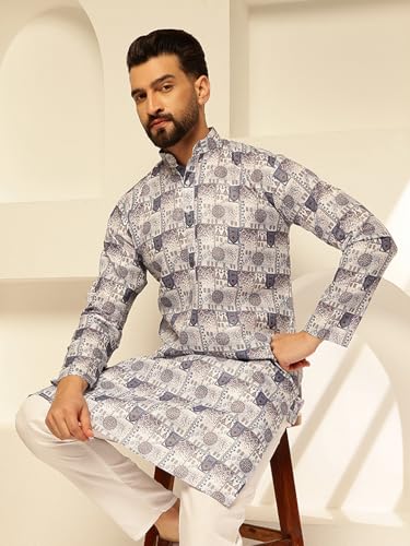 Image of SOJANYA (Since 1958 Men's Cotton Linen Abstract Printed Kurta with White Pyjama