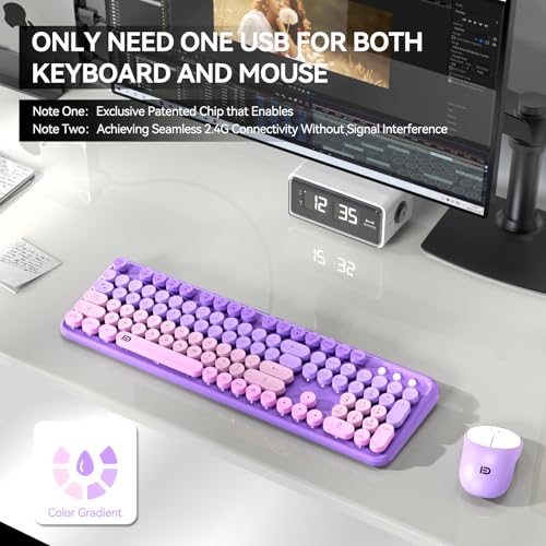 Image of FD Wireless Keyboard and Mouse Combo - 2.4G Full-Sized Cute Colorful Mouse and Keyboard with 104 Round Keys Retro Typewriter Keyboards for Laptop /Windows /PC - Purple Gradient