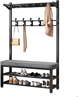 Coat Rack Shoe Bench, Hall Tree with Bench and Leather Cushion, Free Standing Coat Stand with Hanging Bar, Dual Hooks, Coat and Shoe Rack for Bedroom Entryway Living Room (100)