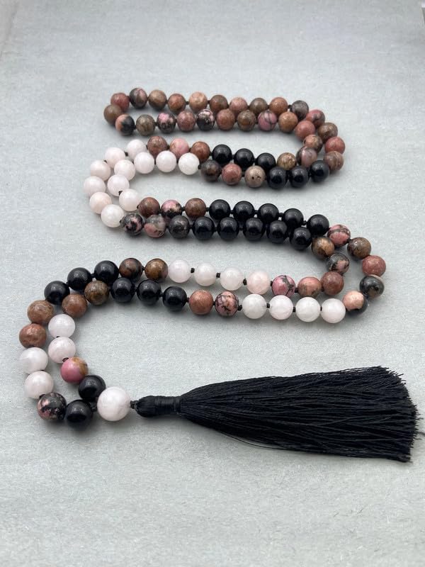 Collier perles Mala en obsidienne AAA véritable de 8 mm noué main