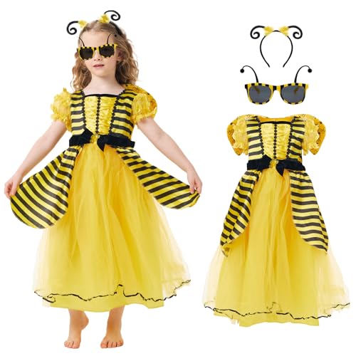 Lyxaof Bienenkostüm Kinder Mädchen Biene Maja Kostüm Kleid Mit Kopfschmuck Brille Accessoires für Karneval Party Dress Up Outfit (Gelb 140)