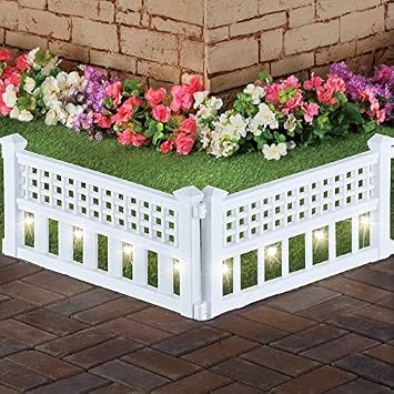SkyMall 8-Piece Solar Garden Border Fence with Corner Posts, White Decorative Landscape Edging Panels with Cool White LED Solar Lights, Outdoor Lawn and Flower Bed Barrier for Yard and Pathway