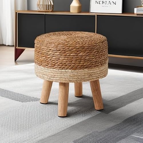 Miniatura 5 de Ymyny Taburete De Madera, Reposapiés Redondo De Algas Naturales Con Asiento Tejido A Mano, Puf Suave Tapizado, Para Sala De Estar, Dormitorio, 32 32 32cm Beige Hbd027w
