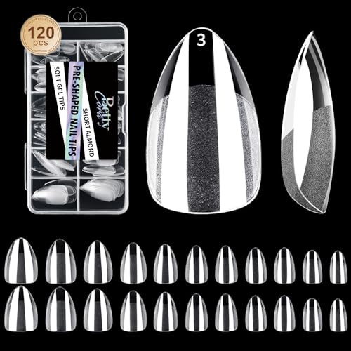 Short Almond Nail Tips - Bettycora Clear Nail Tips Pre-buff Soft Gel Nail Tips for Nail Extensions Soak Off, 120Pcs, 10 Sizes, Short Almond