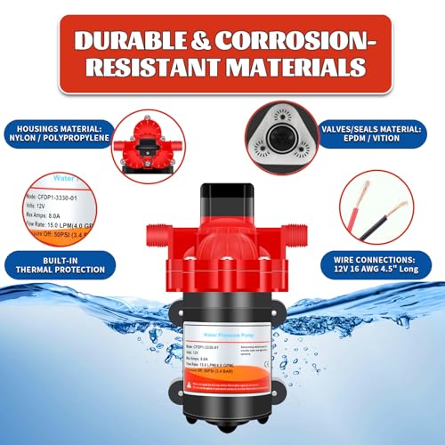 33 Series DC RV/Camper/Boat/Off-Grid Fresh Water Pressure Pump, 12V Water Diaphragm Self Priming Pump 4.0GPM 50PSI Marine 12 Volt Dc Demand Fresh by PRODEEZ - Image 8