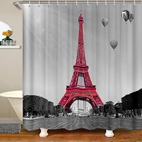 Cortina de ducha de la torre Eiffel de París con globo de aire caliente Cover