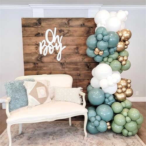 Image of Dusty Sage Green Blue Gold Balloon Garland Kit, 107 PCS Pastel Olive Green Slate Blue Beige Metallic Gold Balloon Arch Kit for Women Men Boho Birthday Wedding Baby Bridal Shower Party Decorations