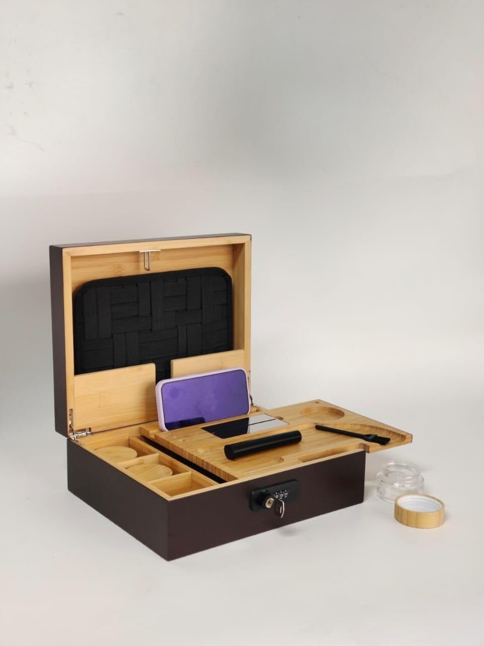 Herb Guard Premium Bamboo Lock Box – Secure Storage with Built-In Lock, Glass Jars & Accessories