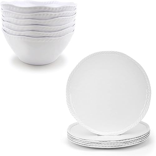 KX-WARE Vajilla de melamina, cuenco de 6 piezas y plato de 6 piezas, color blanco