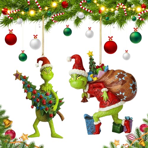 Frasheng 2 STK Grinch Weihnachtsdekorationen Figur, Grinch Hängende Ornament Anhänger Christbaumschmuck, Kunstharz Lustige Grüne Grinch Deko Weihnachtsbaum Dekorationen für Zuhause Party Urlaub