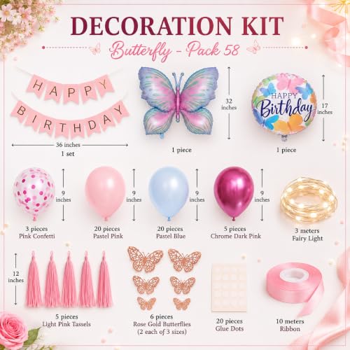 Image of AMFIN (Pack of 58) Butterfly Theme Birthday Decoration Kit Metallic Finish Women Girls Item Pink Blue Rainbow Flower