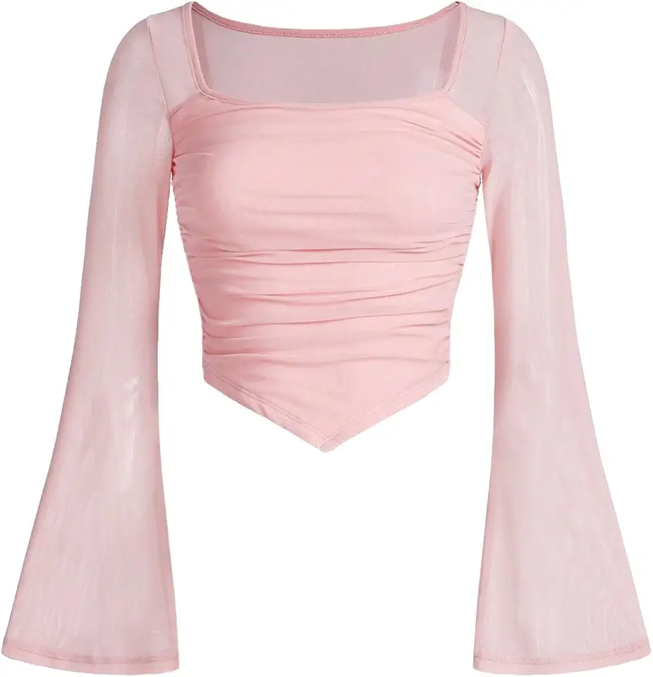 Floerns Girls Bell Long Sleeve Square Neck Asymmetrical Hem Mesh Ruched Crop Tops Tees