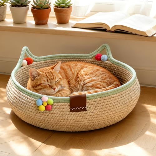 Cama para Gatos de Interior de Cesta Trenzada con Pelota y Rascador Tipo Cuna 4