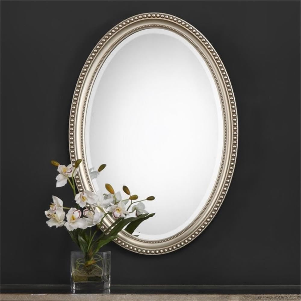 BOWERY HILL Elnora Oval Mirror, 32" x 22", Polystyrene Frame, Metallic Silver Finish with Brown Antiquing, Decorative Accent for Living Room or Bedroom