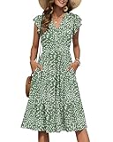 PLMOKEN Sommerkleid Damen Midi V Ausschnitt A Linie Kleider Kurzarm Rüschen Ärmel Lockeres Freizeitkleid Mit Taschen