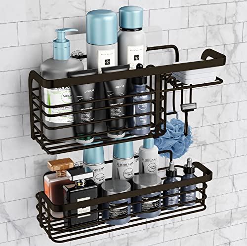 Shower Caddy Adhesive Shelves With Soap Holder&Hooks,Bathroom Organizers, No Drilling Shower Hanging Organizer,Rustproof Stainless Steel Shower Shampoo Holder For Bathroom, Kitchen,Dorm-2 Pack(Coffee) #TOP4