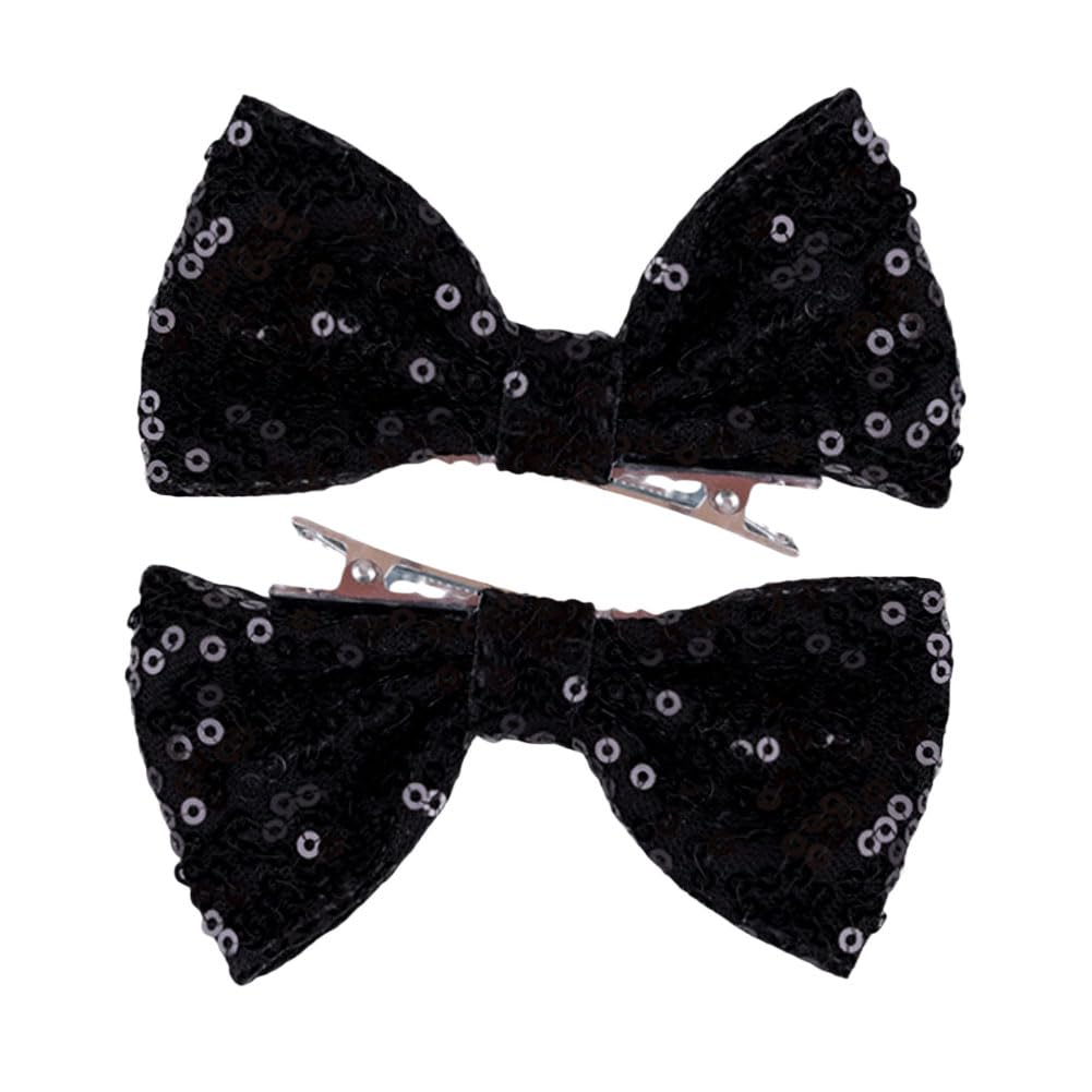4-inch Sequined Bow Hair Clips For Baby Girls, Toddler, Kids and Young Women for Birthday Party Wedding Christmas Occasions Pet Accessories Set of 2 (Black)