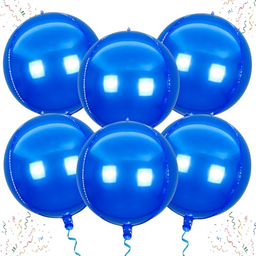 Image of Round 4D Mylar Balloons, Large Foil Metallic Balloons for Halloween Decorations - 22 Inch, 6 Pack (Blue)