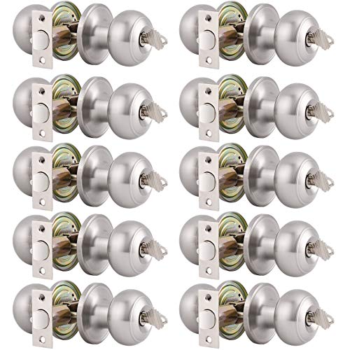 Get Discount 70% Price Gobrico Stainless Steel Round Safe Door Knobs Handle Entrance Lock Entry with Different Key Satin Nickel 10 Pack