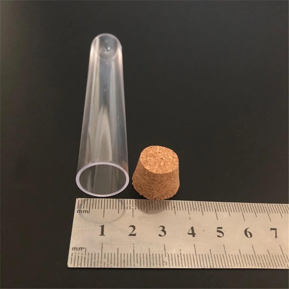 Cristalería de Laboratorio Tubos de ensayo de plástico con tapón de corcho y fondo en forma de U, 18 x 105 mm, 100 unidades por paquete.