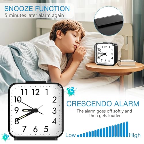 Image of AMIR Analog Alarm Clock, Silent Non Ticking Small Clock, Travel Alarm Clock with Snooze & Light, Ascending Beep Sounds, Battery Operated Loud Alarm Clock for Bedroom, Bedside, Desk (Black)