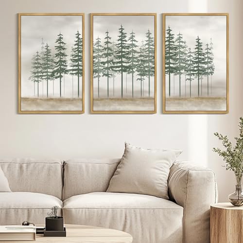 KUVIOKE Green Foggy Misty Pine Tree Framed Canvas Wall Art